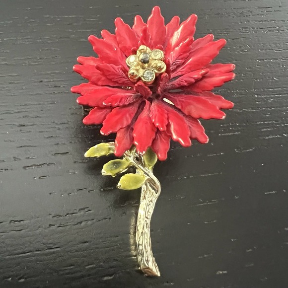Vintage Red Enamel Rhinestone Gold Toned Flower Brooch Pin 1960's MCM Retro 2" - Picture 3 of 13